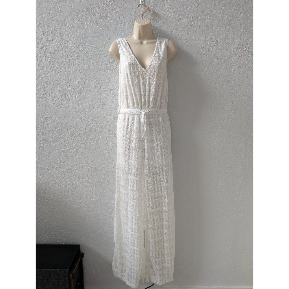 Bebe Jumpsuit Women S White Lace V-Neck Wide Leg Drawstring Resortwear